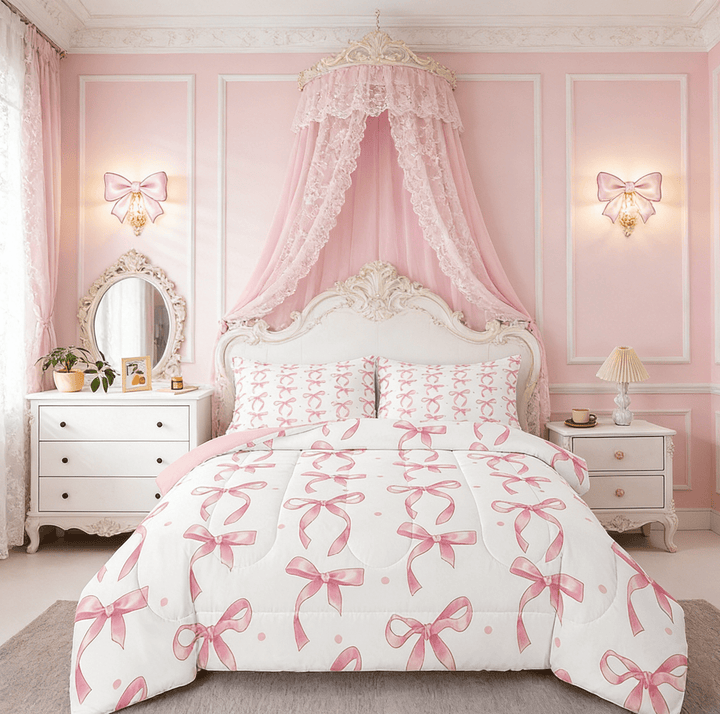 Erosebridal Pink Bowknot Bedding Full Comforter Set, Cute Princess Down Comforter, Bow Tie Decor, Reversible 3 Pieces