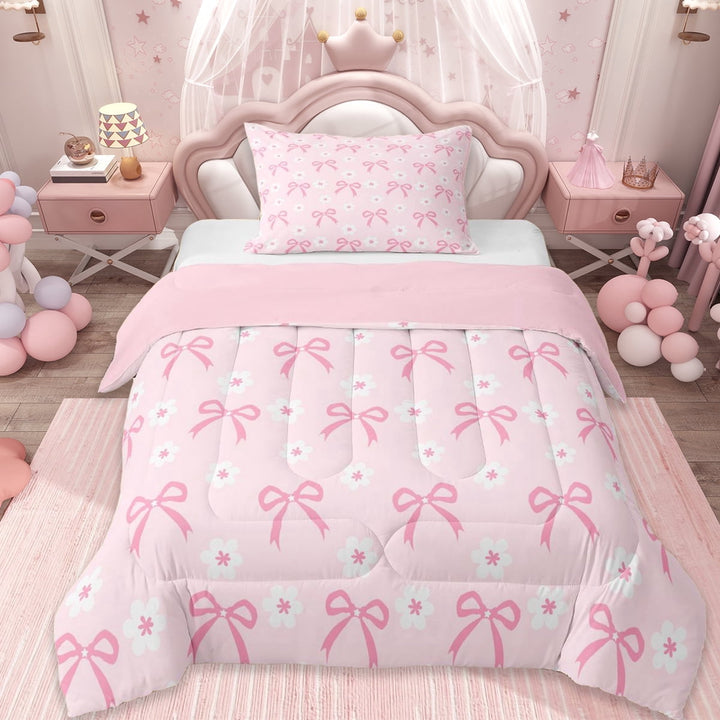 Erosebridal Cute Daisy Kawaii Bowknot Twin Comforter Sets For Bows Lovers,Kawaii Bowknots Pink Bowtie Bedding Set, Reversible 2 Pieces