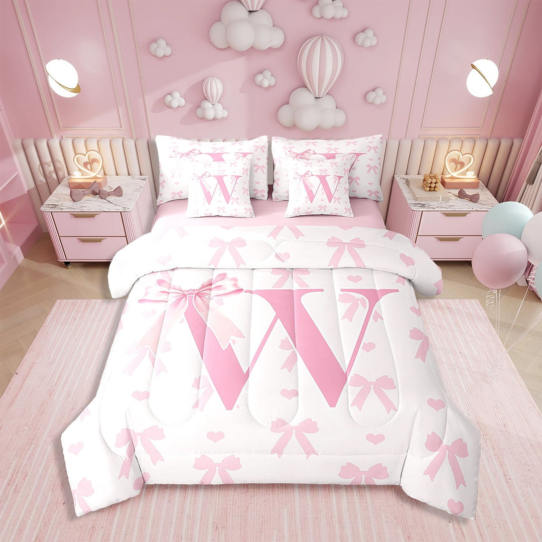 Pink Bow 7 Pieces Bedding Set Twin,Initial Letter W Chic Romantic Bed in a Bag ,Princess Style Bowknot Love Hearts Girly Fairy Comforter Set with Sheets,Pillow Covers