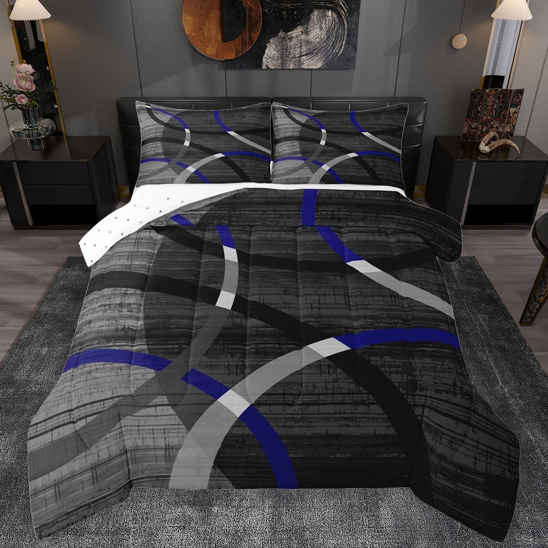 Manfei Retro Striped Pattern Full Size Comforter Sets,Modern Abstract Geometric Bedding Comforter Set,Black Gray Bedding Sets For Teens,Luxury Bedroom Decor Reversible,3pcs