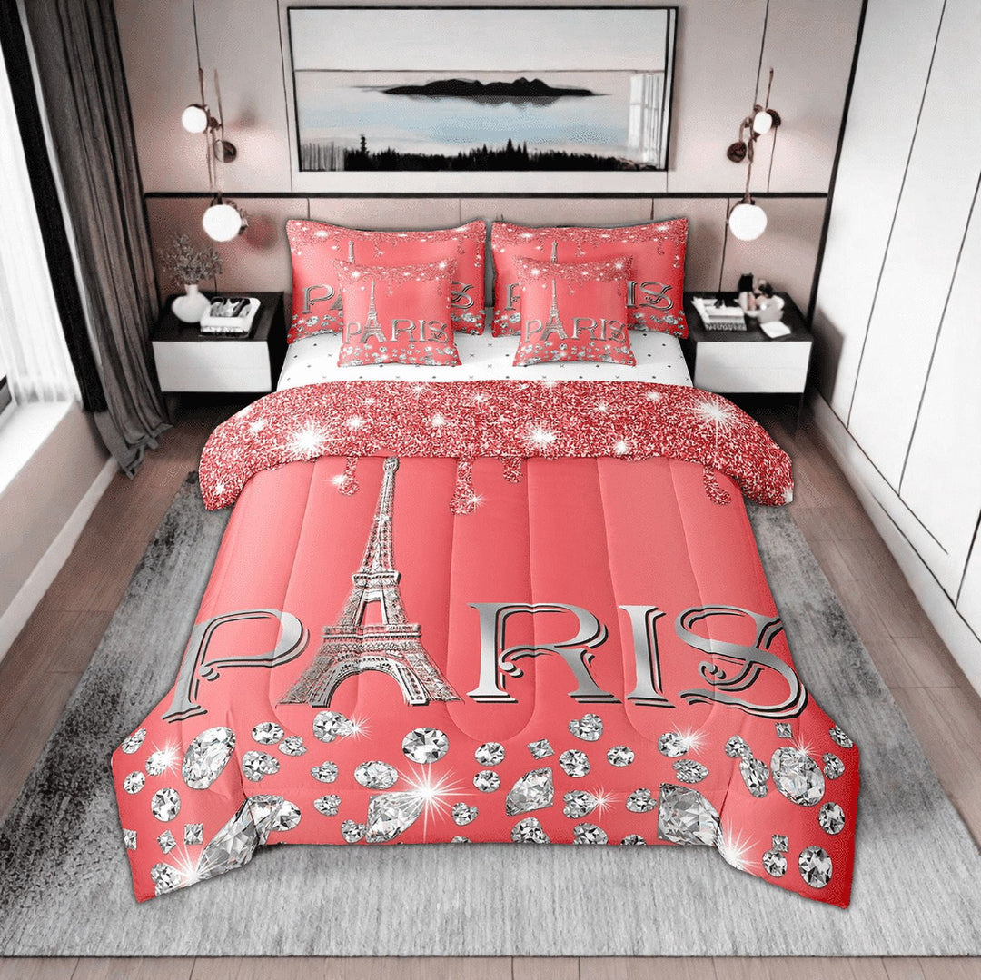 Romantic Comforter Sets King for Women,Girly Eiffel Tower Bed in A Bag(Not Real) Diamond Bedding Sets(1 Comforter,2 Pillowcases,1 Flat Sheet,1 Fitted Sheet,2 Throw Pillow Covers)