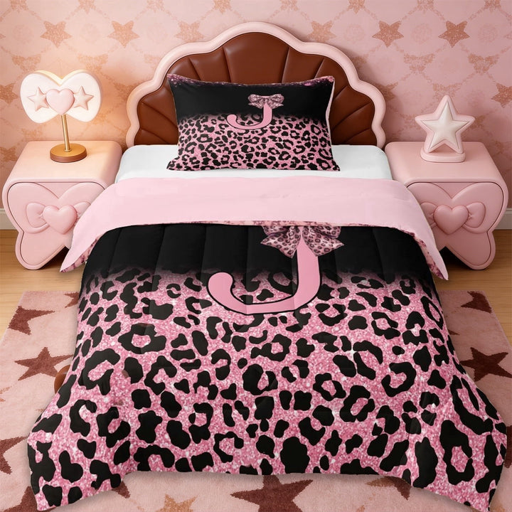 Erosebridal Cheetah Pattern Letter J Twin Comforter Sets,Pink Black Leopard Printed Bedding Set For Kids Girls,Reversible pink,2 Pieces