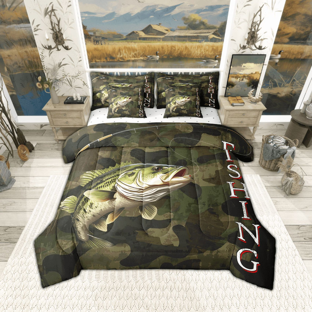 Erosebridal 7 Pcs Big Bass Comforter Set Full Size, Big Pike Fishing Bed In A Bag And Adults With Flat Sheet And Fitted Sheet, Army Green Camo Bedding Set With Pillowcases &amp; Shams