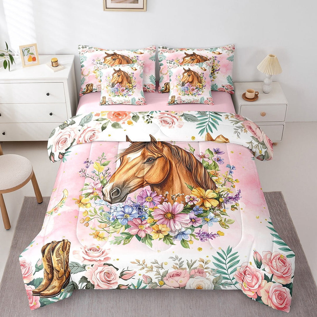 Erosebridal Floral Horse Bed in a Bag Full size,Cartoon Animal Bed Set,Western Cowgirl Bedding Full Size,Microfiber Flower Room Decorative,Reversible,7-Piece