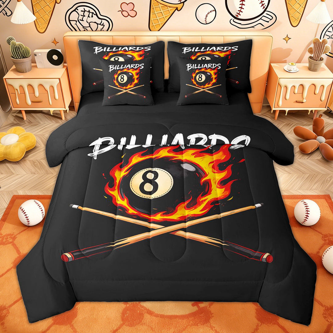 Erosebridal Flaming 8 Ball Twin Bedding Sets, Black Orange Billiards Bedding Comforter Set for Men and Women, 7pcs
