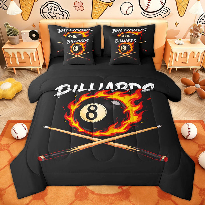 Erosebridal Flaming 8 Ball Twin Bedding Sets, Black Orange Billiards Bedding Comforter Set for Men and Women, 7pcs