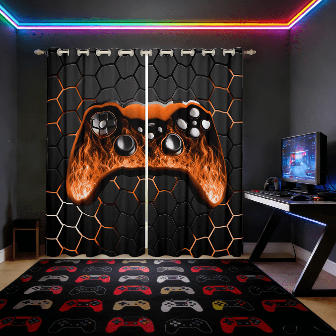 Manfei Gaming Curtains Pack of 2 (38x45),Game Gamer Controller Black Out Curtains,Gradent Orange Black Curtains for Living Room For Boy,Microfiber Room Decor