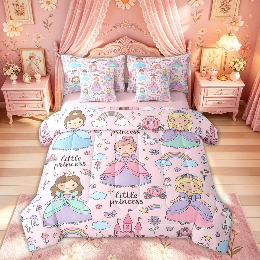 Meiyoeat Cute Princess Castle Rainbow Bedding Comforter Set for Kids Girls, Girly Pink Cartoon Full Bedding Set, Pink Reversible, 7 Pieces