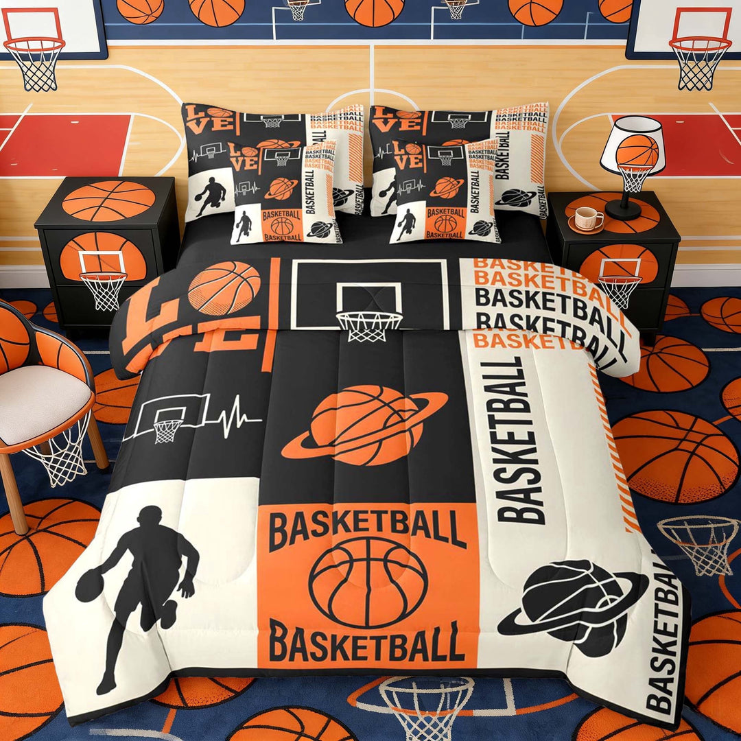 Erosebridal Basketball Twin Bedding Sets, Sport Bedding Comforter Set for Boys and Girls, Black Reversible 7-Piece