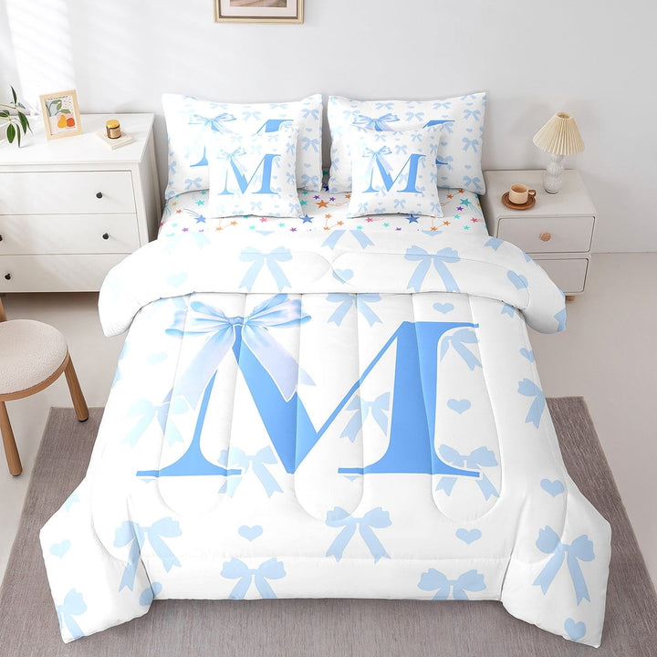 Erosebridal Princess Bow Bed in a Bag Full size, Initial M Letter Bed Set, Monogrammed Reversible Bedding Full Size, Super Cozy Room Decoration, 7-Piece