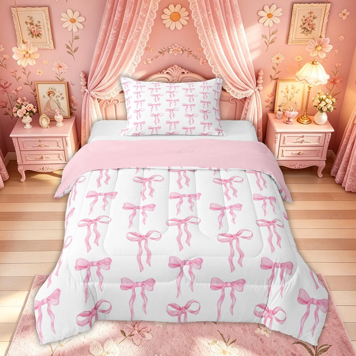 Meiyoeat Watercolor Bow Full Size Comforter Sets for Girls Kids, Princess Bowknot Style Bedding Sets, Pink White, Pink Reversible, 3-Piece