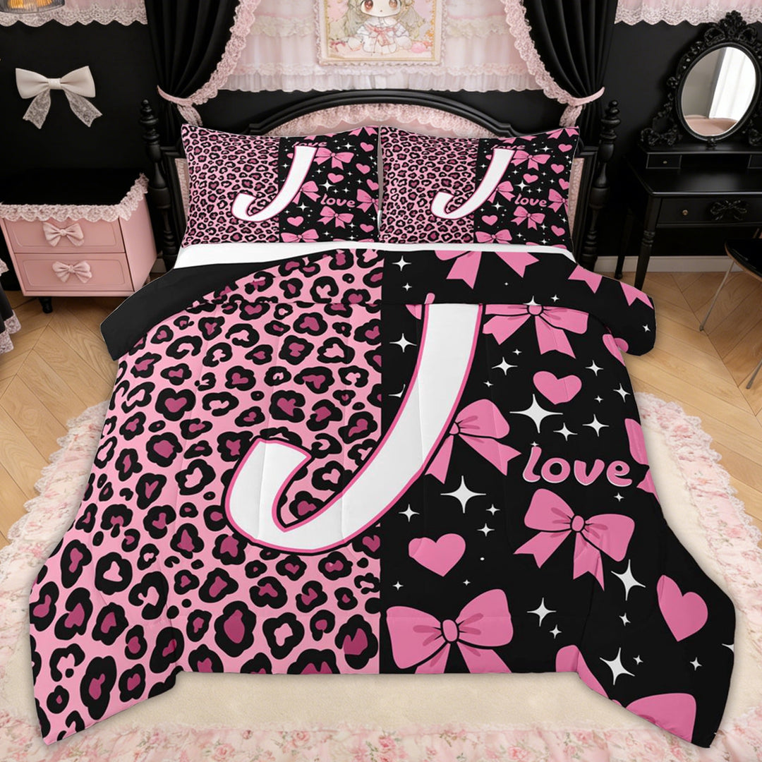 Erosebridal Leopard Print Bow Letter J Full Size Comforter Sets for Girls, Pink Initial Ribbon Bedding Sets, Black Reversible, 3pcs