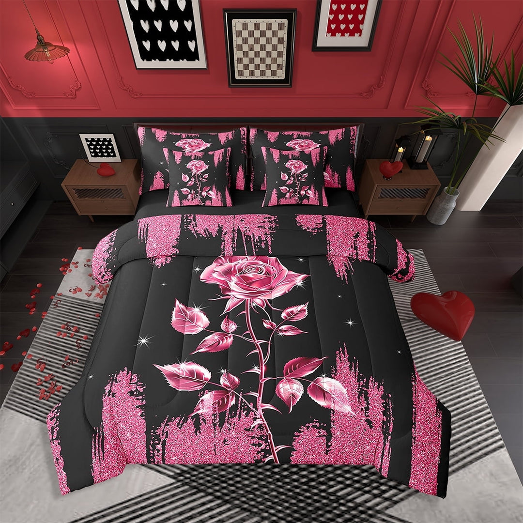 Red Rose 7 Pcs Comforter Set,Glitter Sequins Pattern Bed in a Bag Twin,Romantic Rose Bedding Set with Flat Fitted Sheet Pillowcase and Sham Bedroom Decor