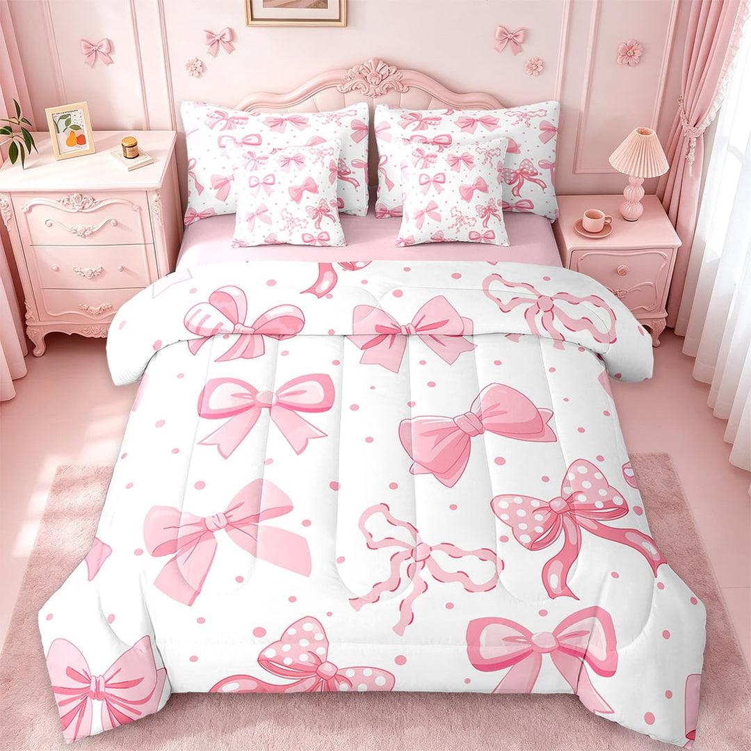 Erosebridal Cartoon Bowtie Bed in a Bag Queen Size,Geometric Dot Print Bed Set,White Pink Bedding Queen Size,Super Cozy Room Decoration Reversible,7 Pieces