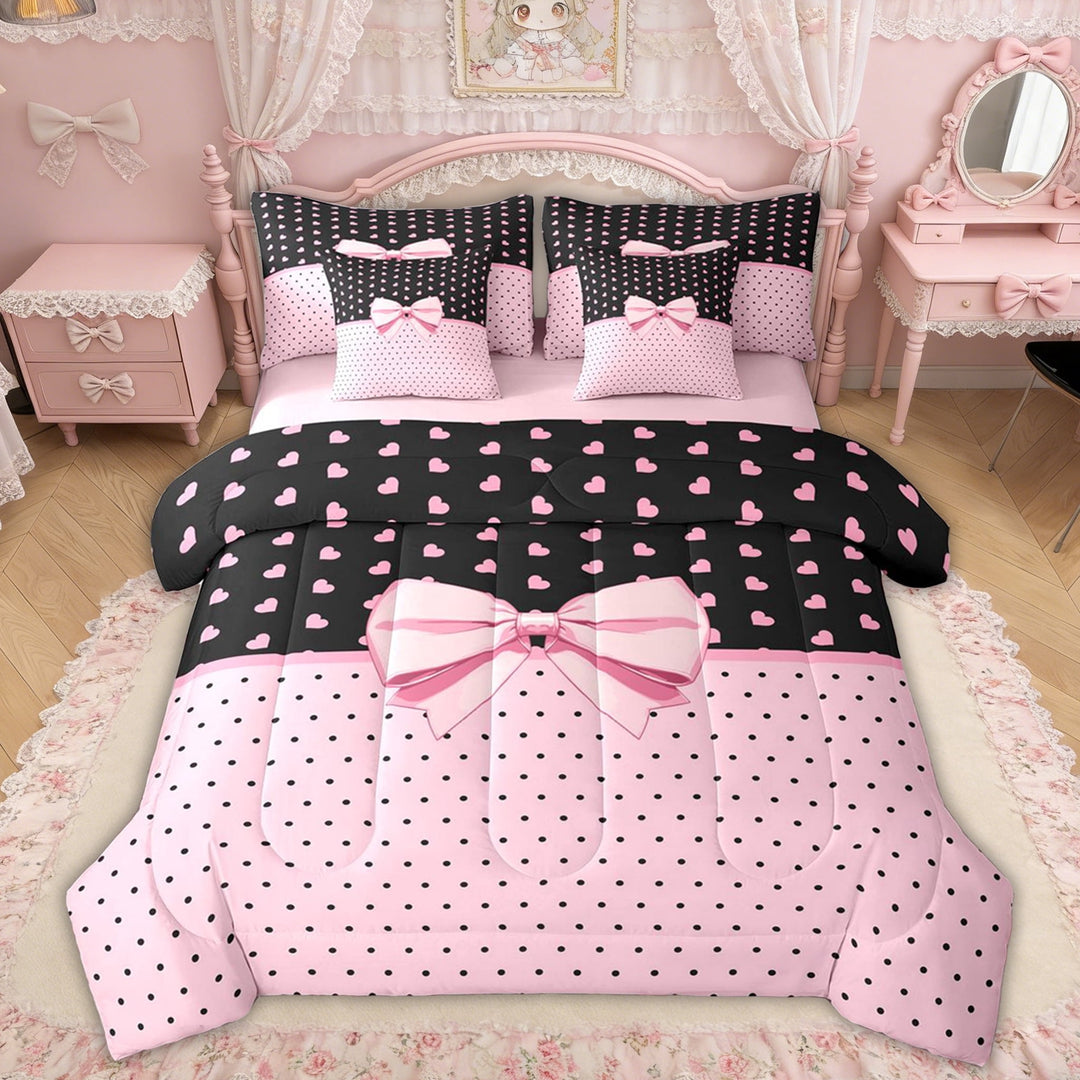 Erosebridal Pink Black Heart Bow Polka Dot Bedding Comforter Set, Cute King Bedding Sets for Girls Kids Teens, Pink Reversible, 7-Piece