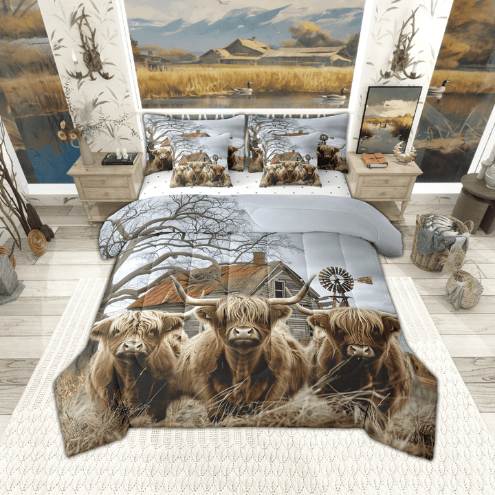 Erosebridal 7Pcs King Size Highland Cow Comforter Sets with Sheets Rustic Farmhouse Decor Comforter Set Bed-in-a-Bag(1 Comforter, 1 Flat Sheet 1 Fitted Sheet 2 Pillowcases and 2 Throw Pillow Covers)