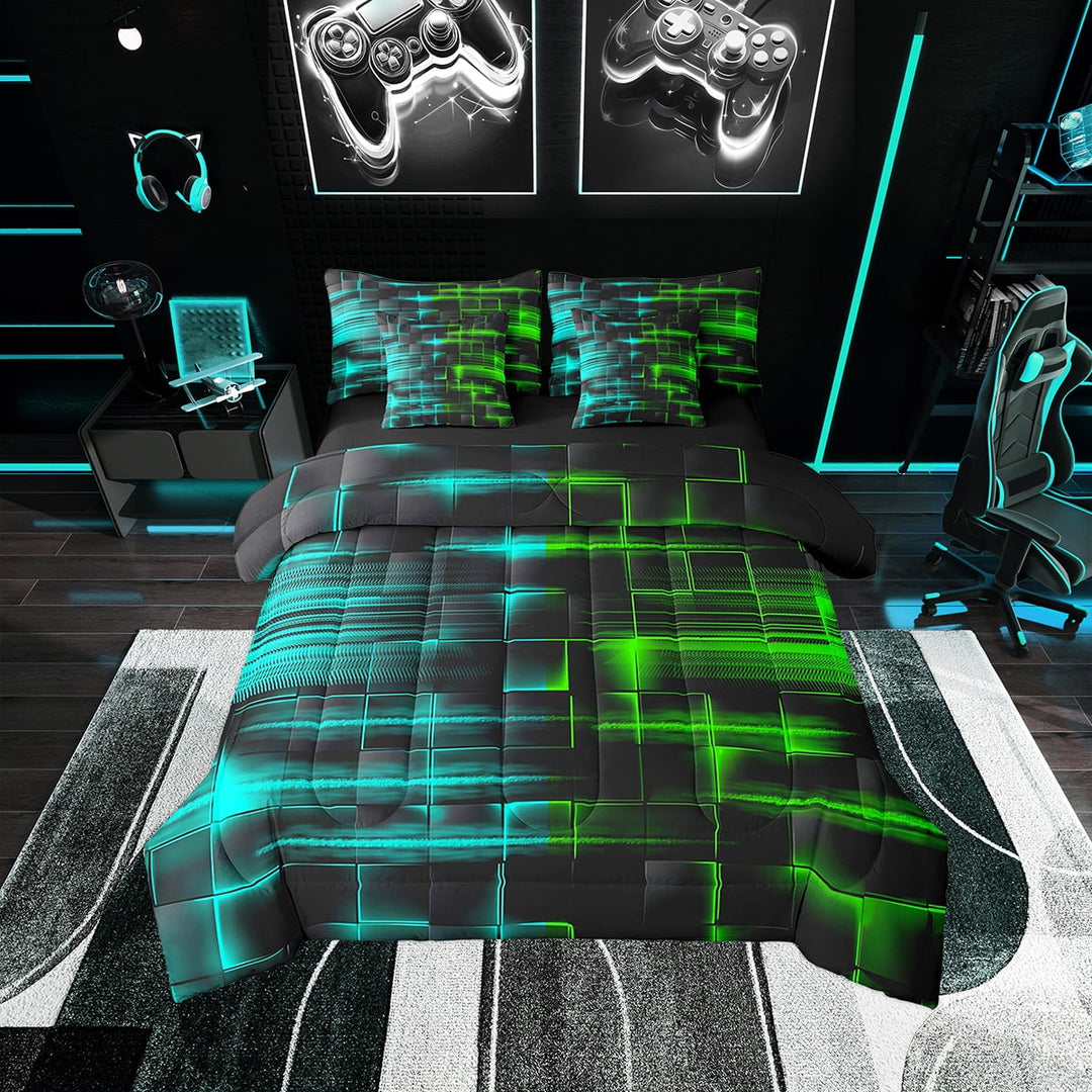 Erosebridal Green and Blue Comforter Set With Sheets7 piece Twin Size Geometric Bed in a Bag Geometry Strip Lines Bedding Set Abstract Art Bed Set with Comforter,Sheets,Pillowcases