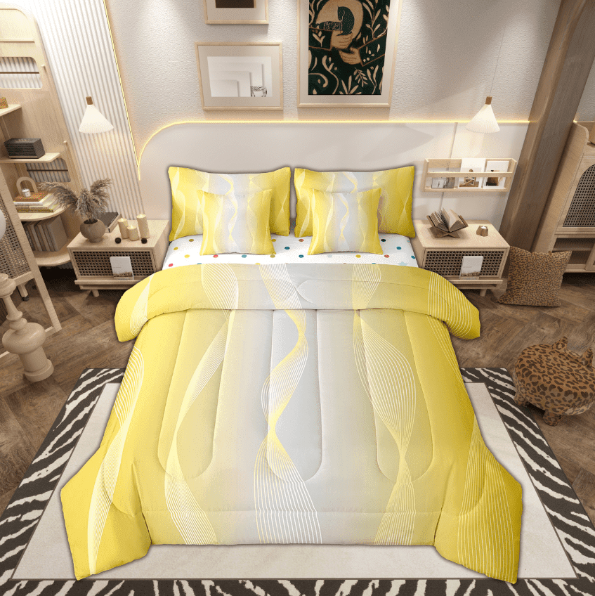 Gradient Yellow and Greyish White Bed in a Bag Queen Comforter Set 7 Piece,Silver Foil Print Wave Striped Bedding Sets Abstract Ombre Art Sheet Set with Comforter