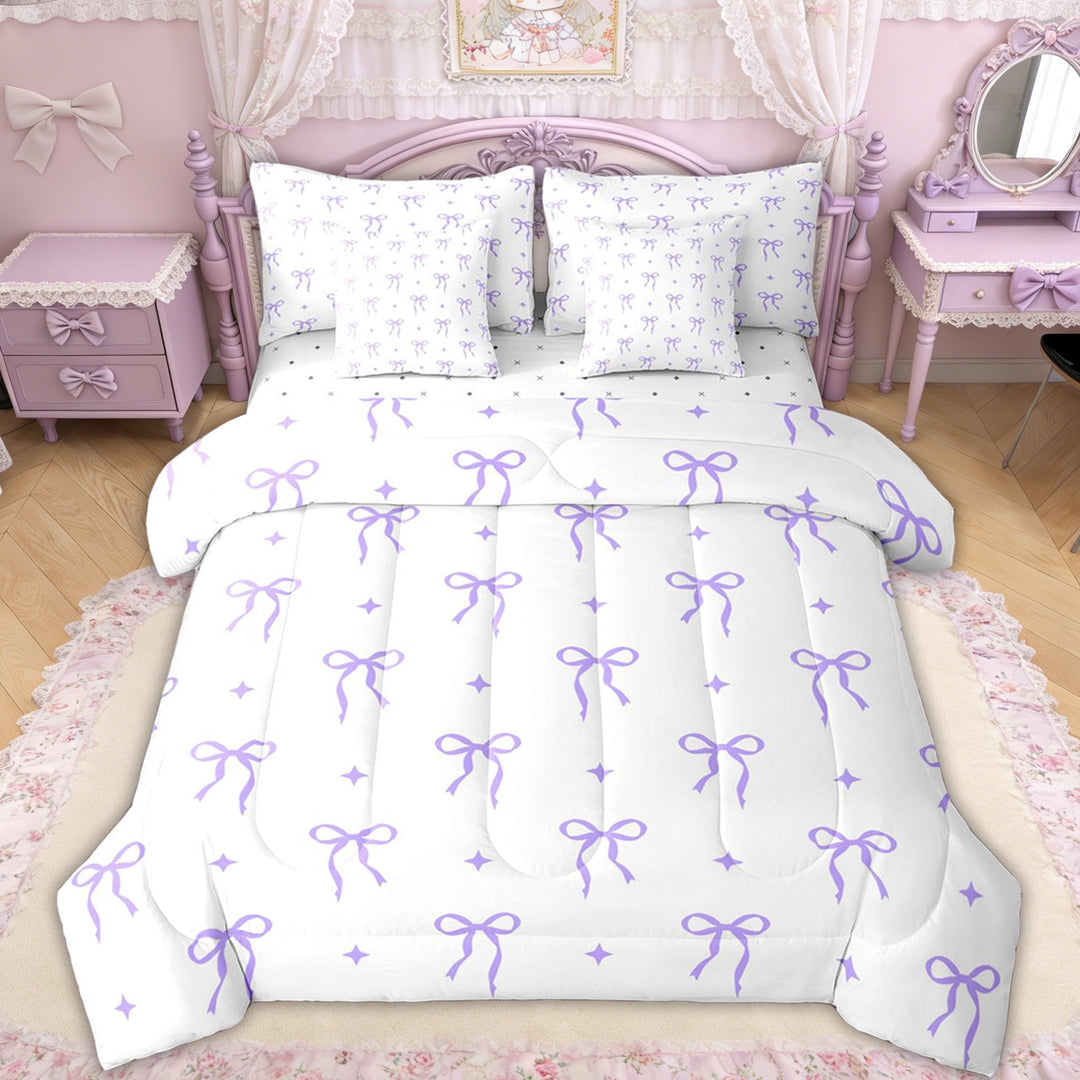 Erosebridal Cartoon Bow Star Twin Bedding Sets for Girls, Purple Bowknot Bedding Comforter Set for Women, Reversible, 7pcs