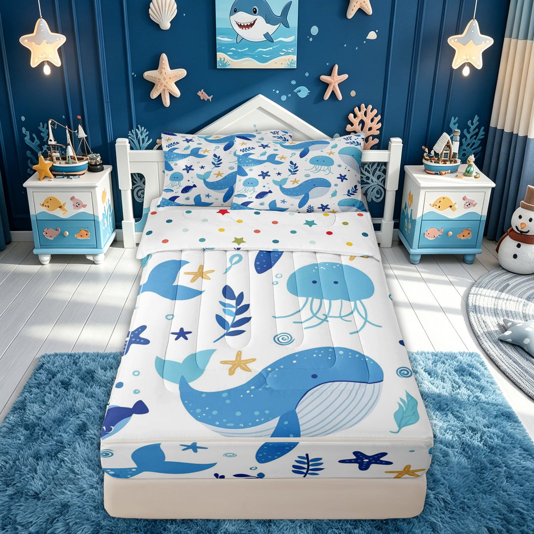 meiyoeat Cute Ocean Jellyfish Star Whale Zipper Comforter Set with Fitted Sheet and 2 Pillowcases for Boys Girls, Kawaii Marine Wildlife Zipper Bedding Set, Blue White, Polkadot Reversible, 3-Piece