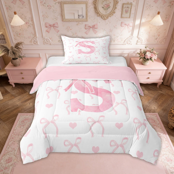 Erosebridal Pink Bow Bedding Sets Twin with Comforter, Initial Letter S Duvet Insert, Princess Bowknot Decor, Reversible 2pcs
