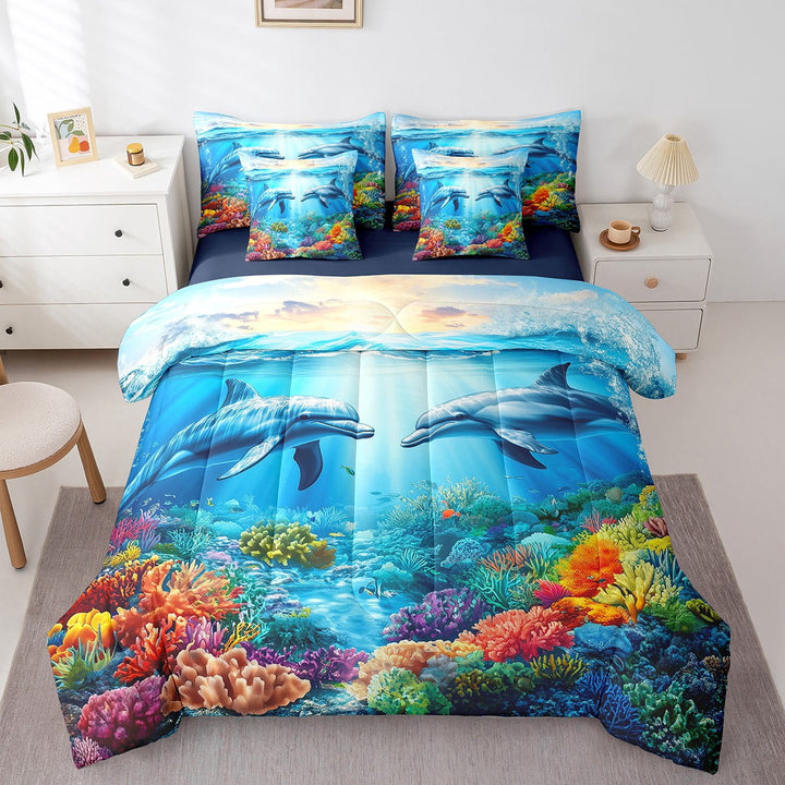 Erosebridal Dolphin Comforter Set Twin Size 7 Pieces Fish Ocean Creature Themed Bedding Set Sea Underwater World Bed in a Bag with Comforter,Sheets