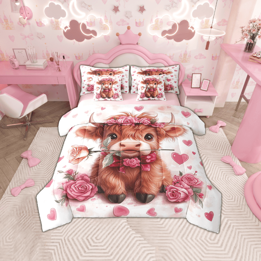 Erosebridal Cute Highland Cow Bed in a Bag Twin Size, Pink Garden Rose Flower Bed Set, Love Hearts Decor, Reversible 7 Pieces