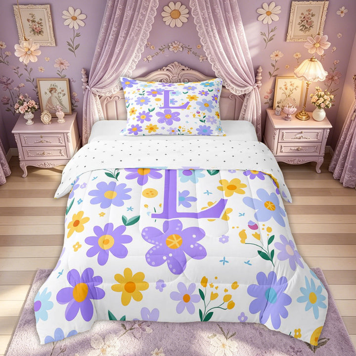 Meiyoeat Cute Floral Letter L Full Size Comforter Sets for Girls Kids, Cartoon Daisy Groovy Bedding Sets, Purple, Reversible, 3pcs