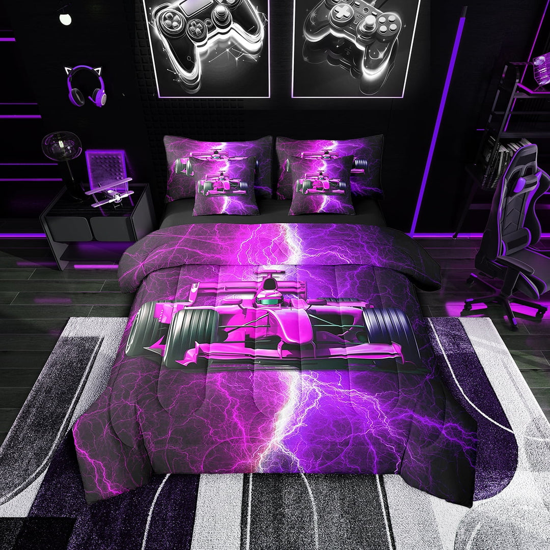 Erosebridal Purple Race Car Bedding Sets Twin Size 7-Piece, Lightning Printed Comforter Sets with Sheets, Reversible
