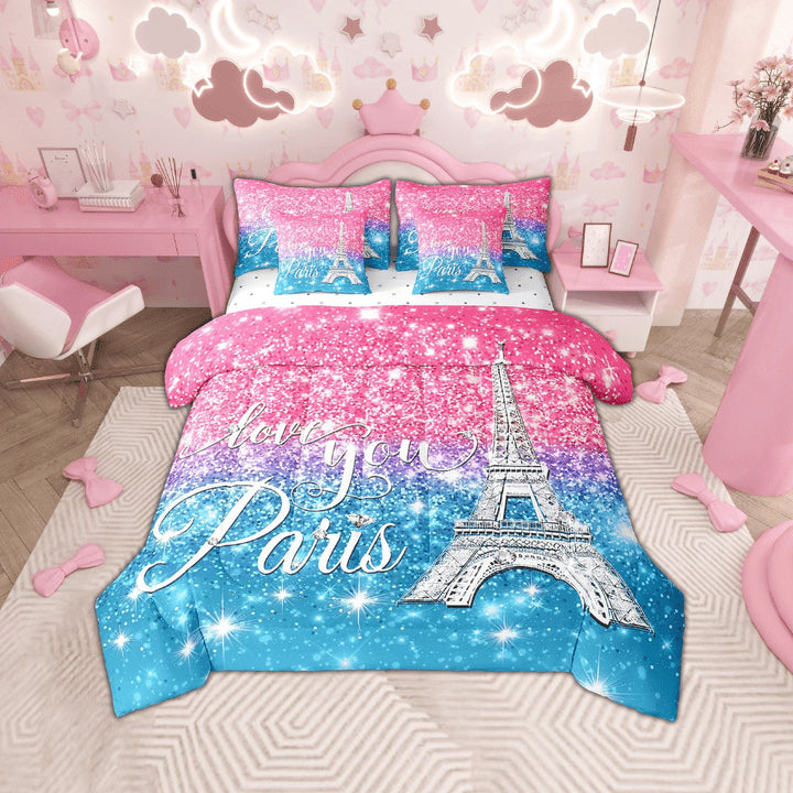 Paris Comforter Sets King for Women,Girly Glitter Eiffel Tower Bed in A Bag for Valentine&