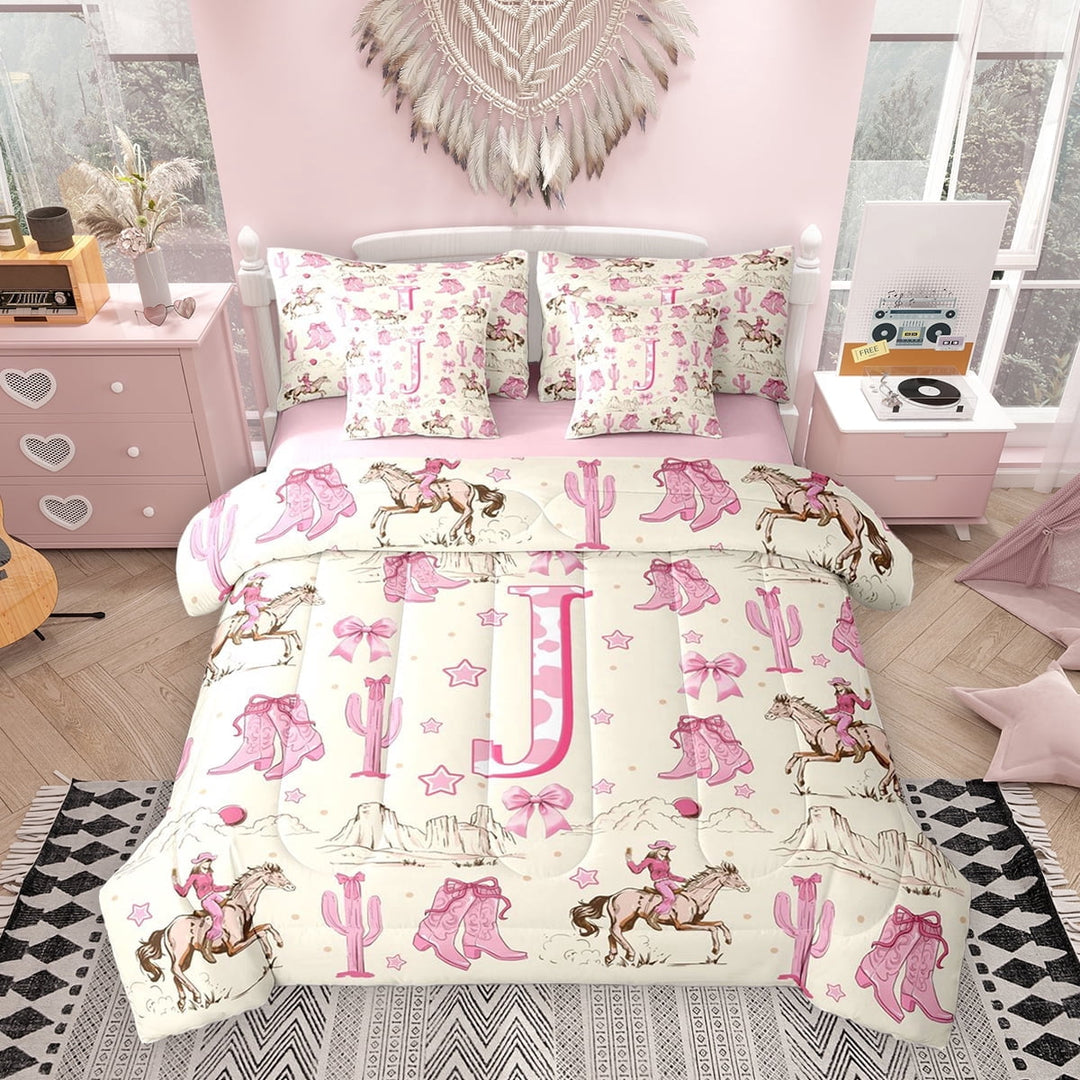 Erosebridal Western Cowgirl Twin Bedding Sets for Girls, Personalized Initial J Bedding Comforter Set, Pink Reversible, 7pcs