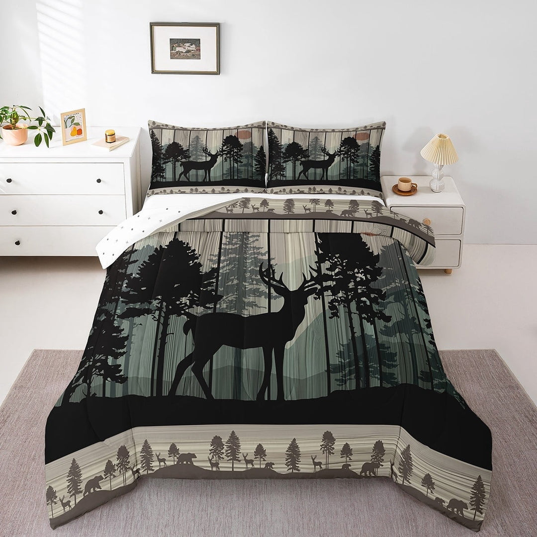 Erosebridal Rustic Deer Elk Bedding Sets Queen with Comforter, Jungle Animal Duvet Insert, Wooden Plank Reversible Bedding Queen Comforter Set, Lightweight Room Decoration, 3pcs