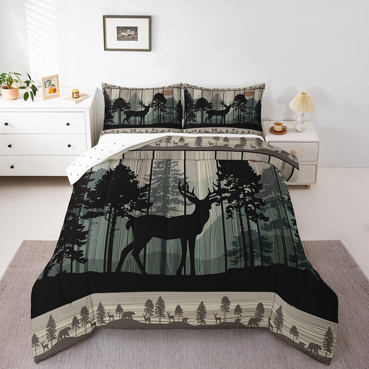 Erosebridal Rustic Deer Elk Bedding Sets Queen with Comforter, Jungle Animal Duvet Insert, Wooden Plank Reversible Bedding Queen Comforter Set, Lightweight Room Decoration, 3pcs