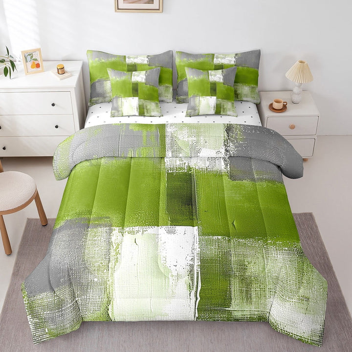 Erosebridal Grass Green White Gray Bedding Comforter Sets 7pcs Abstract Bedding Set, Grunge Queen Size Comforter Set (1 Comforter, 1 Fitted Sheet, 1 Flag Sheet, 2 Pillowcases, 2 Throw Pillow Covers)