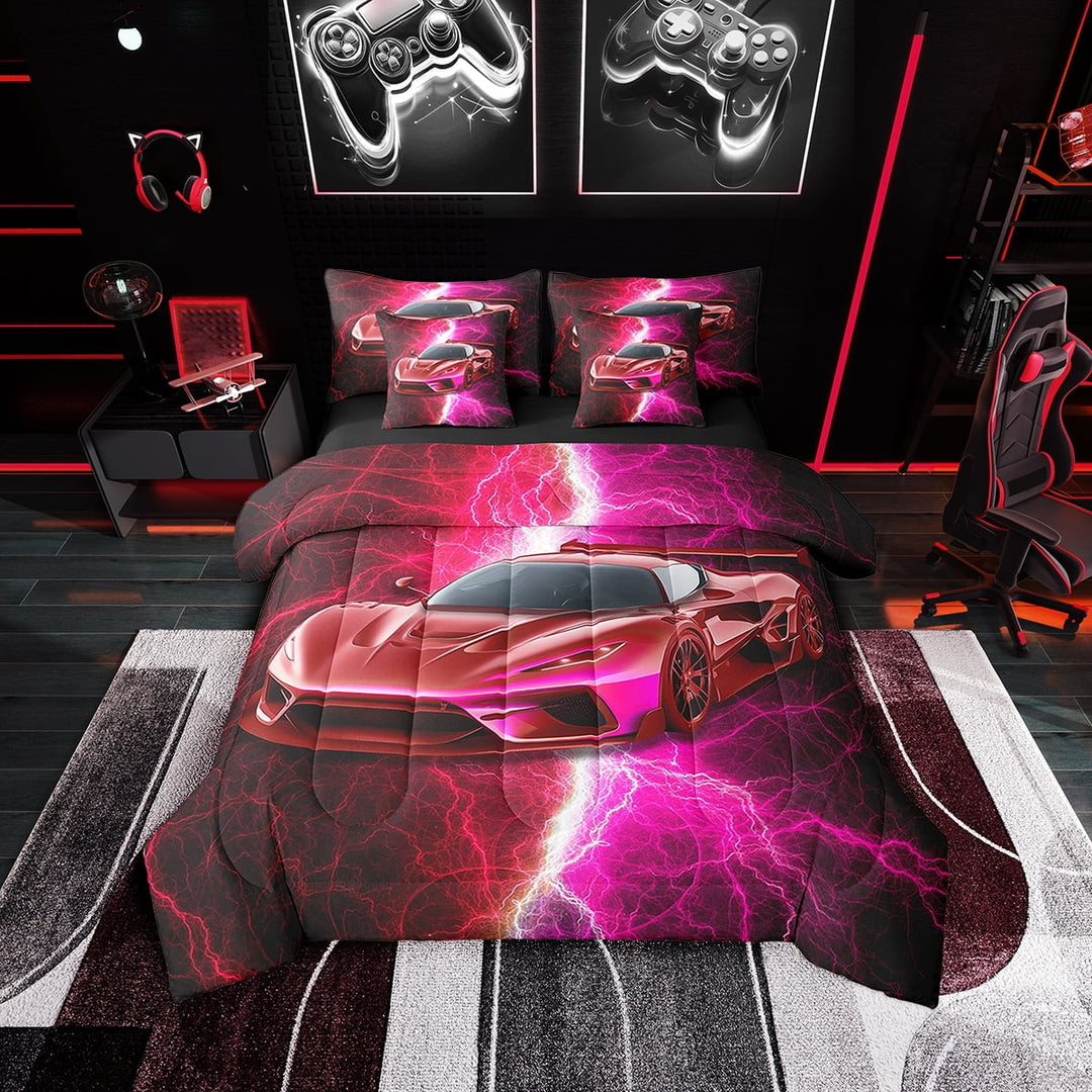 Erosebridal Speed Sports Car Bedding Sets Twin Size 7-Piece , Lightning Comforter Sets with Sheets, Microfiber