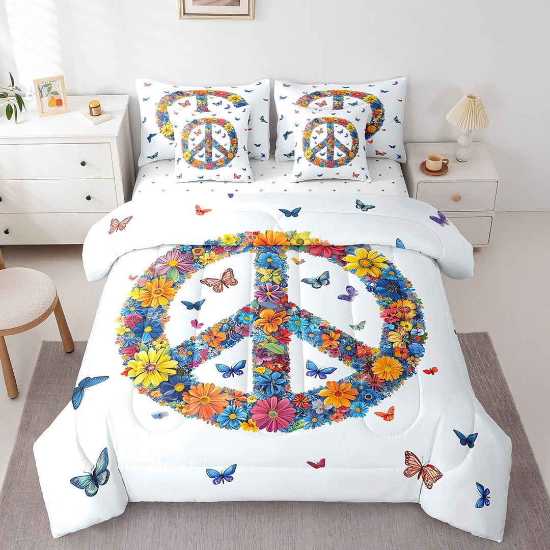 Peace Symbol Bed In A Bag Rainbow Flowers Decor Bedding Set Hippie Butterfly Bohenmian Comforter 7 Pieces King,Artwork Sheet Set With Comforter Teens Bedroom