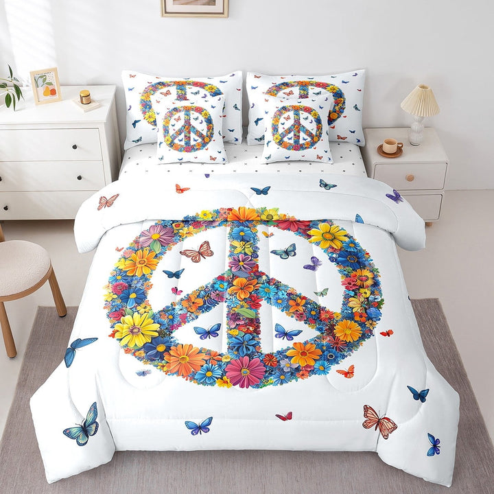Peace Symbol Bed In A Bag Rainbow Flowers Decor Bedding Set Hippie Butterfly Bohenmian Comforter 7 Pieces King,Artwork Sheet Set With Comforter Teens Bedroom