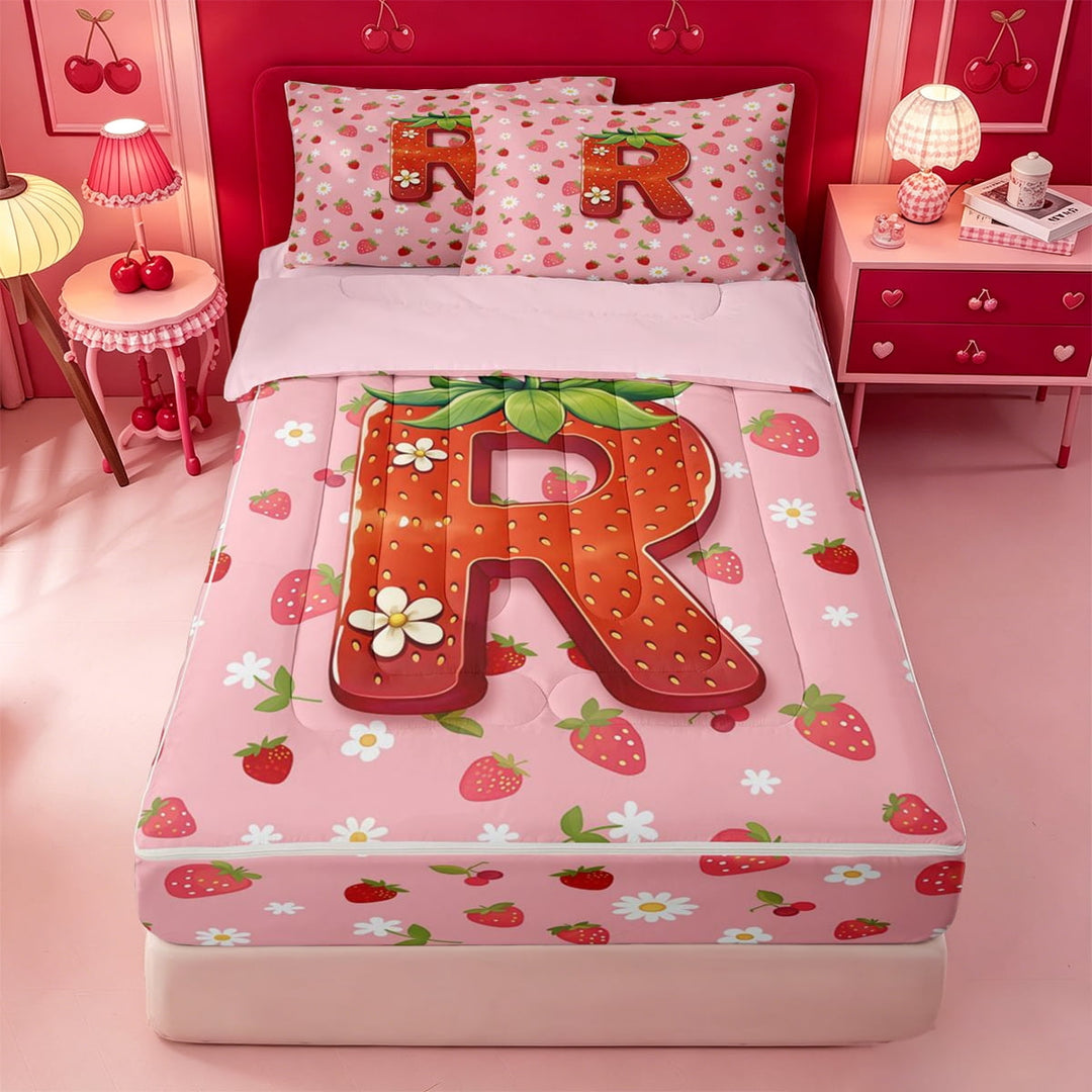 meiyoeat Sweet Fruit Initial R Zipper Twin Comforter Sets with Fitted Sheet and 2 Pillowcases,Strawberry Daisy Monogrammed Zipper Bedding Set For Girl,Pink Reversible,4-Piece