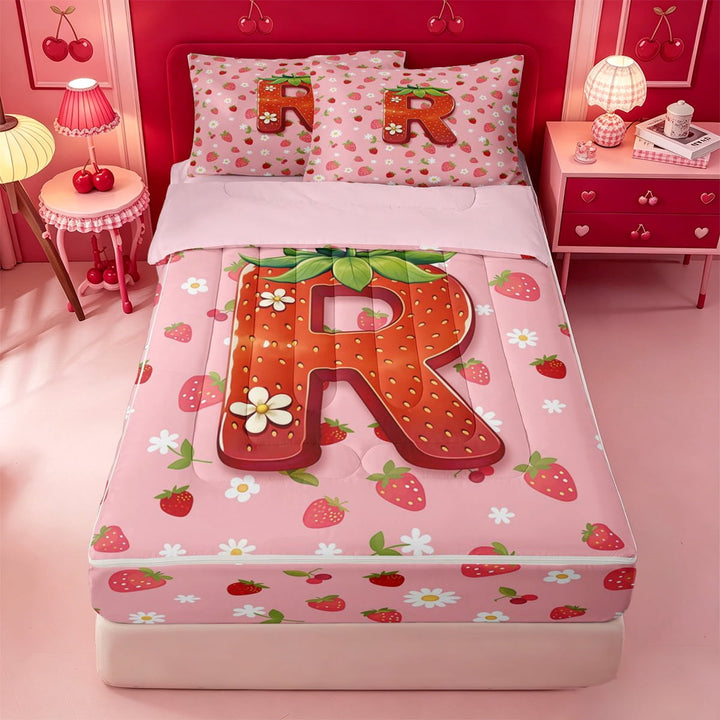 meiyoeat Sweet Fruit Initial R Zipper Twin Comforter Sets with Fitted Sheet and 2 Pillowcases,Strawberry Daisy Monogrammed Zipper Bedding Set For Girl,Pink Reversible,4-Piece