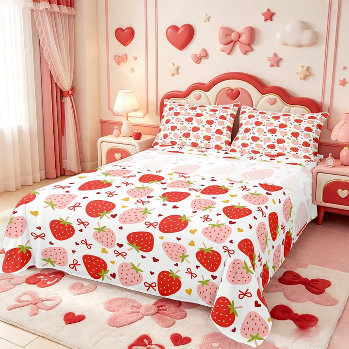 Manfei Cute Strawberry Queen Sheets,Pink Girly Bow Queen Sheet Sets,4-Piece,1 Flat Sheet,1 Fitted Sheet and 2 Pillowcases