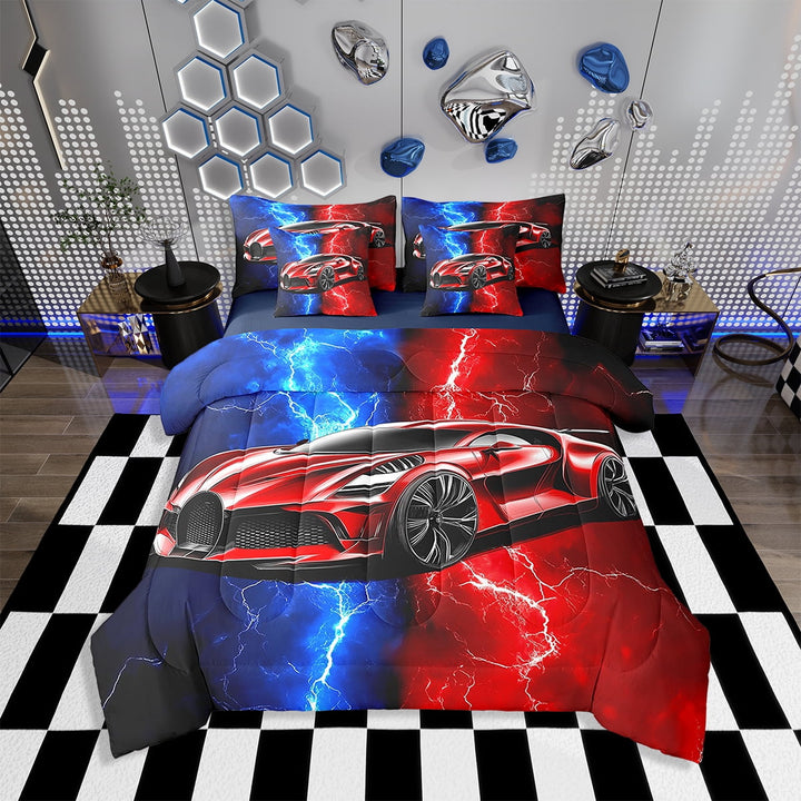 Erosebridal 7 Piece Bed in a Bag Twin Size Comforter Set Racing Car Bedding Set,Lighting Car Reversible Bed Set,Race Car Comforter with Sheet Set,All Season