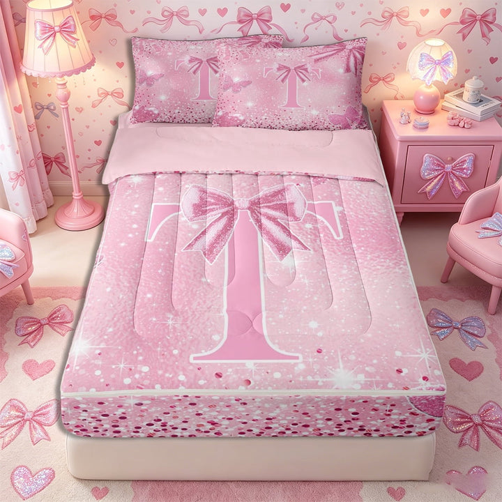 Meiyoeat Pink Glitter Initial T Zipper Twin Comforter Sets with Fitted Sheet and 2 Pillowcases, Flying Butterfly Zipper Bedding Set,4-Piece,Pink Reversible