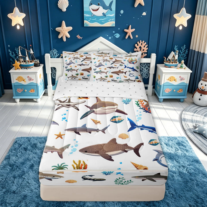 meiyoeat Tropical Shark Coral Zipper Comforter Set with Fitted Sheet and 2 Pillowcases for Boys Girls Kids, Underwater Ocean Animal Zipper Bedding Set, White, Reversible, 3-Piece