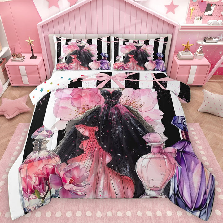 Manfei Black Pink Dress Full Size Comforter Sets for Girl, Modern Fashion Artwork Bedding Comforter Set, Chic Stripes Lines Reversible Bedding Sets, Luxury Bedroom Decor, 3 Pieces
