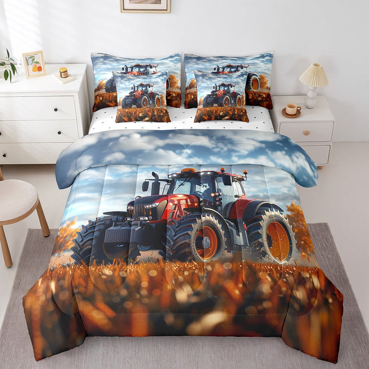 Erosebridal 7Pcs Tractor Bedding Twin Red Farm Tractor Comforter Set Bed In A Bag (1 Comforter,1 Flat Sheet,1 Fitted Sheet,2 Pillowcases,2 Throw Pillow Covers)