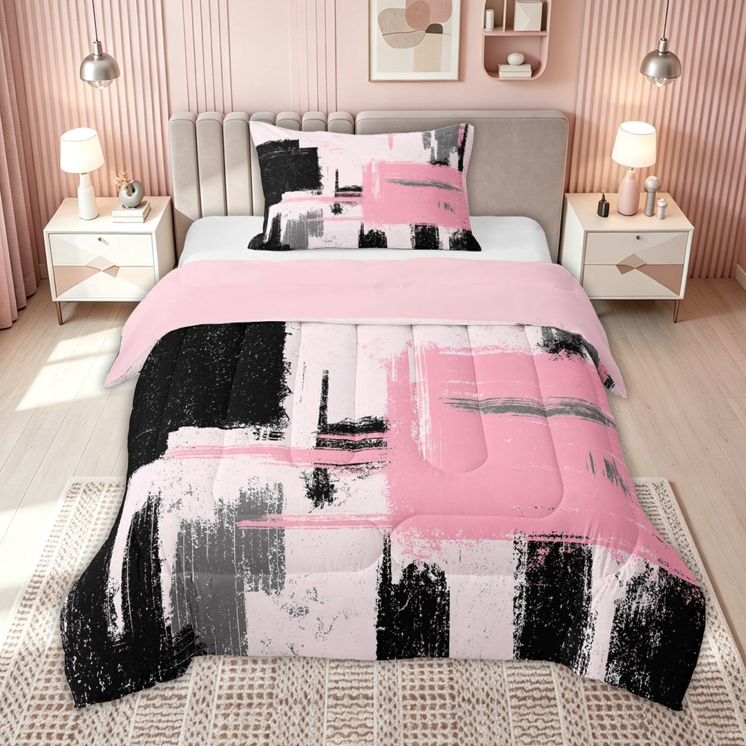 meiyoeat Abstract Brushstroke Print Full Size Comforter Sets for Kids Girls, Modern Art Paint Bedding Comforter Set, Pink Black, Pink Reversible, 3 Pieces