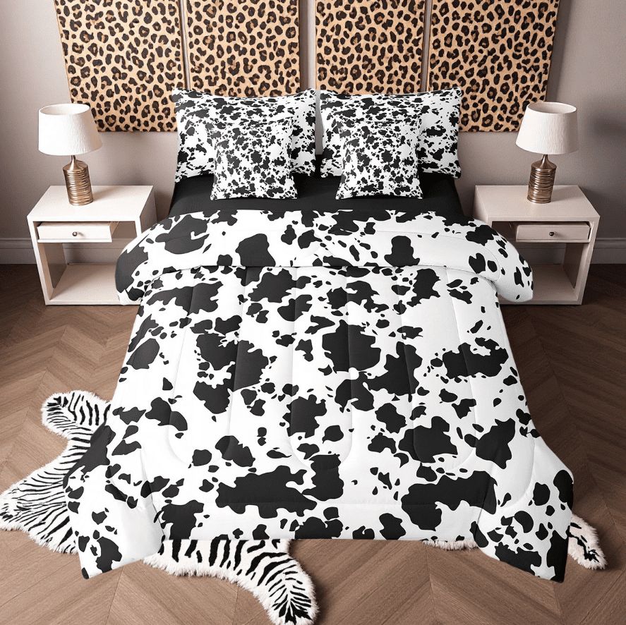 Erosebridal Cow Print 7 Piece Bed in a Bag Twin,Milk Cow Cattle Bedding Set Bed Sheets Teens Adults,Animal Farmhouse Comforter Set,Black White Bull Cowhide Sheet Set with Comforter