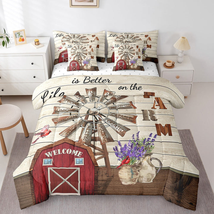Western Farmhouse Bed In A Bag Full Rustic Windmill Comforter Set 7 Piece Adults,Country Rural Bedding Set Cardinal Lavender Sheet Set With Comforter