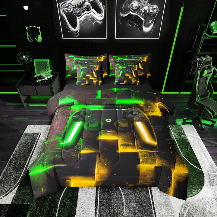 Video Game Gamepad Bedding Comforter Sets 7pcs for Teen Abstract Neon Square Bed in a Bag Gamer Gaming Twin Bedding Sets Black Green Orange Comforter Set Geometric Glowing Checkered Bedding Sets