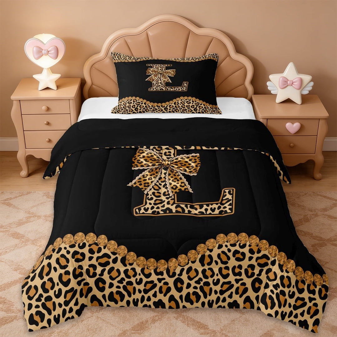 Erosebridal Girls Bowknot Letter L Monogrammed Twin Comforter Sets,Chic Leopard Cheetah Print Bedding Set For Women,Black Reversible,2pcs